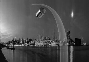 Die B�chse der Pandora �ber einer Hafen-Skyline, schematische Darstellung.